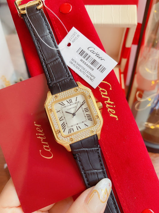 SANTOS LADY 35MM QUARTZ 35MM GOLD CASE DIAMOND BEZEL LEATHER