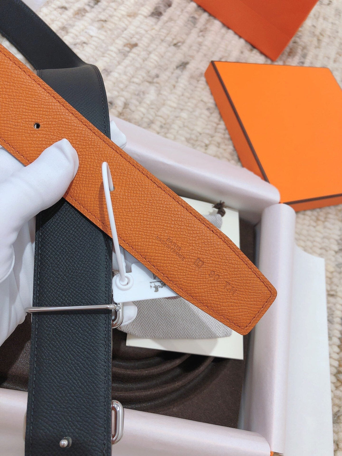 H TONIGHT BELT 38MM ORANGE BLACK LEATHER