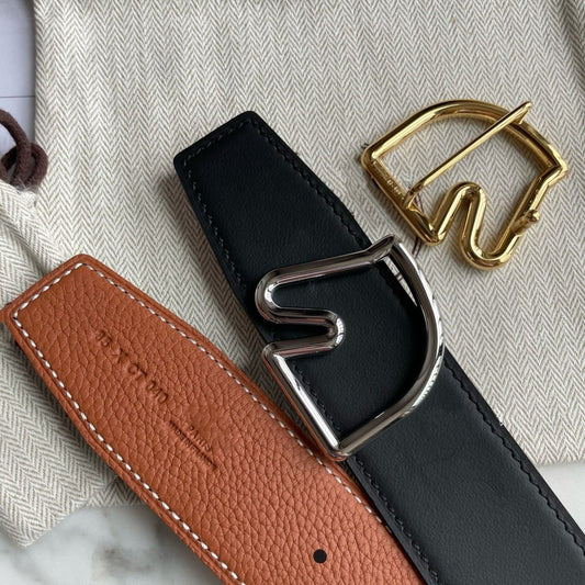 H BELT HORSE BUCKLE BROWN BLACK LEATHER REVERSIBLE 3.8CM