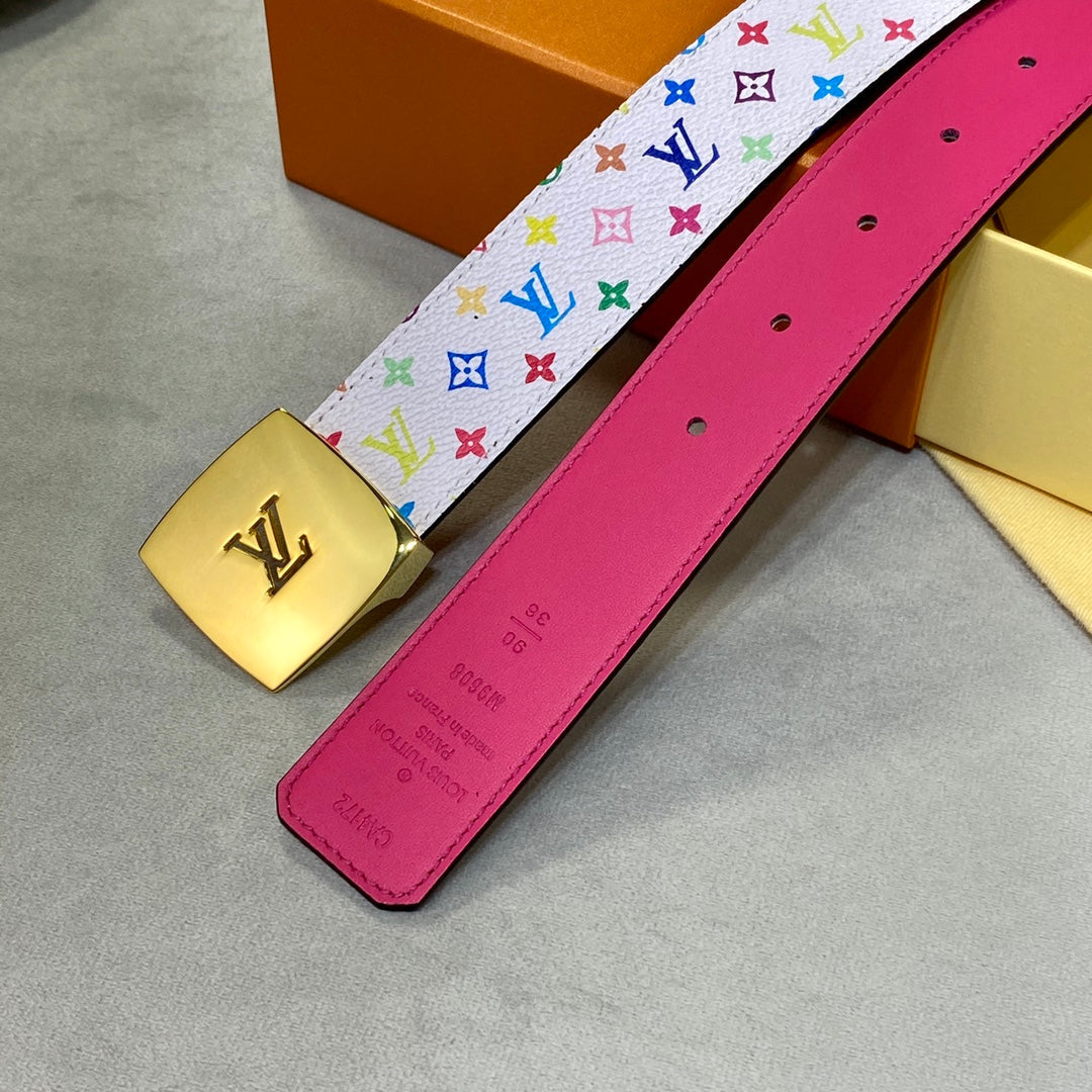 LV 35 MM BELT MULTICOLOR WHITE MIX LIGHT PINK MONOGRAM CALFSKIN GOLD HARDWARE