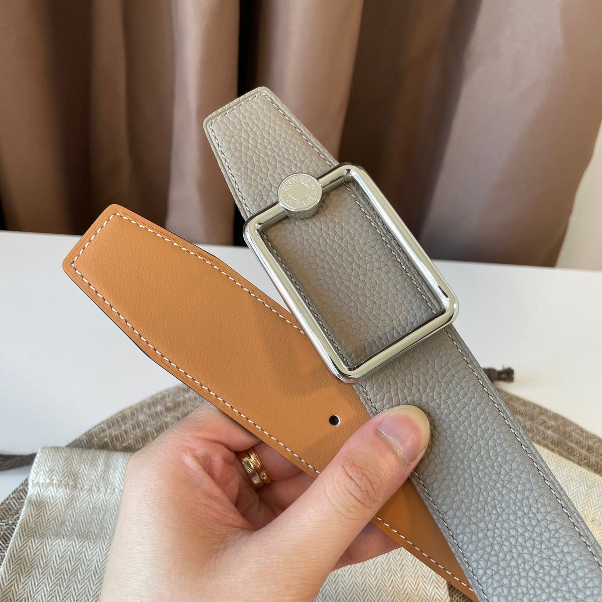 OSCAR BELT BUCKLE & REVERSIBLE KHAKI BROWN AND ORANGE LEATHER STRAP 38MM SILVER HARDWARE