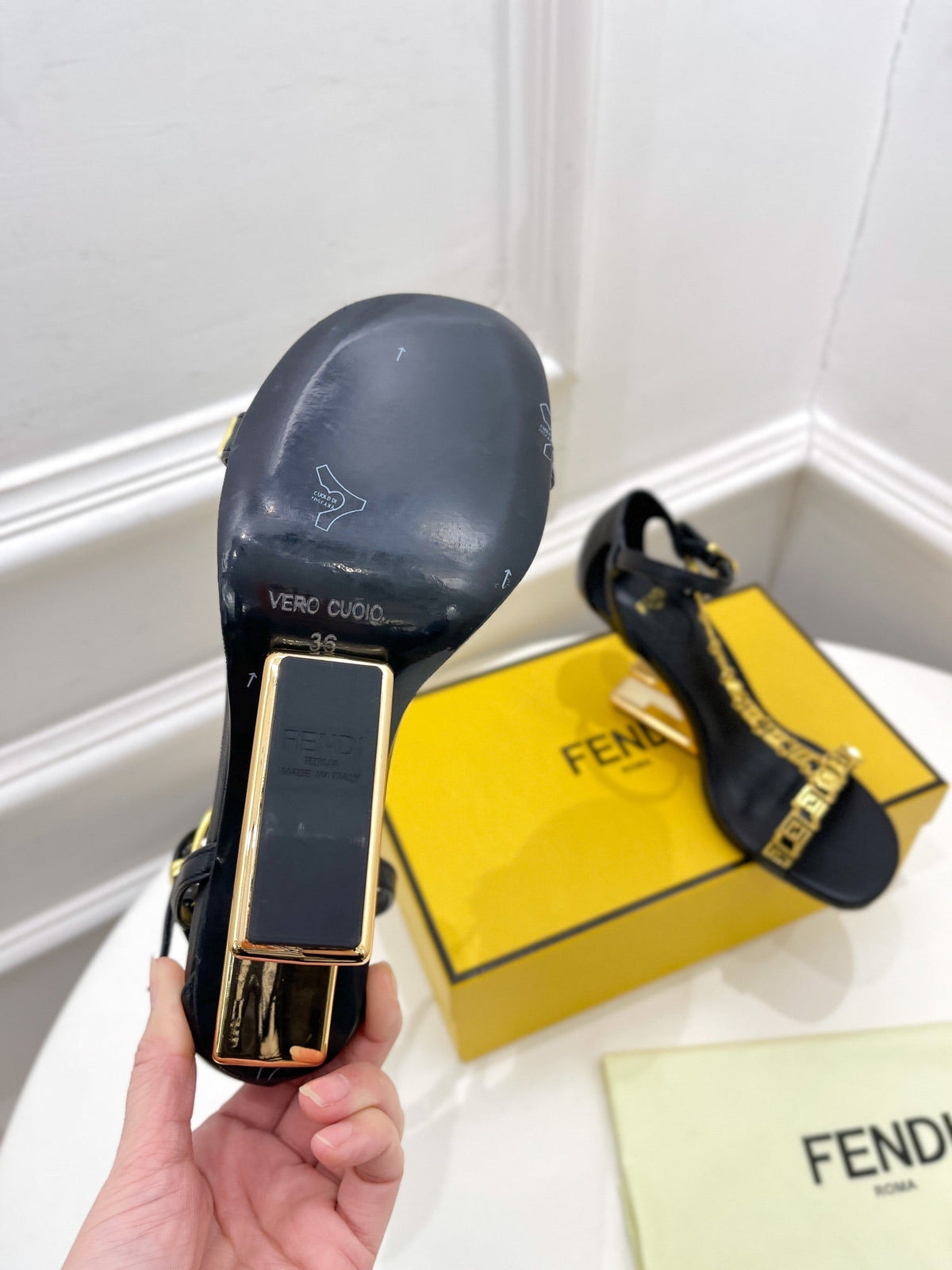 FENDI HIGH-HEELED 85 MM SANDALS IN BLACK LAMBSKIN WITH GOLD HARDWARE