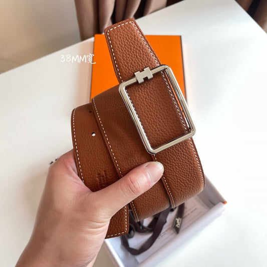 TUBE H BELT BUCKLE & REVERSIBLE BLACK AND CINNAMON BROWN LEATHER STRAP 38MM SILVER HARDWARE