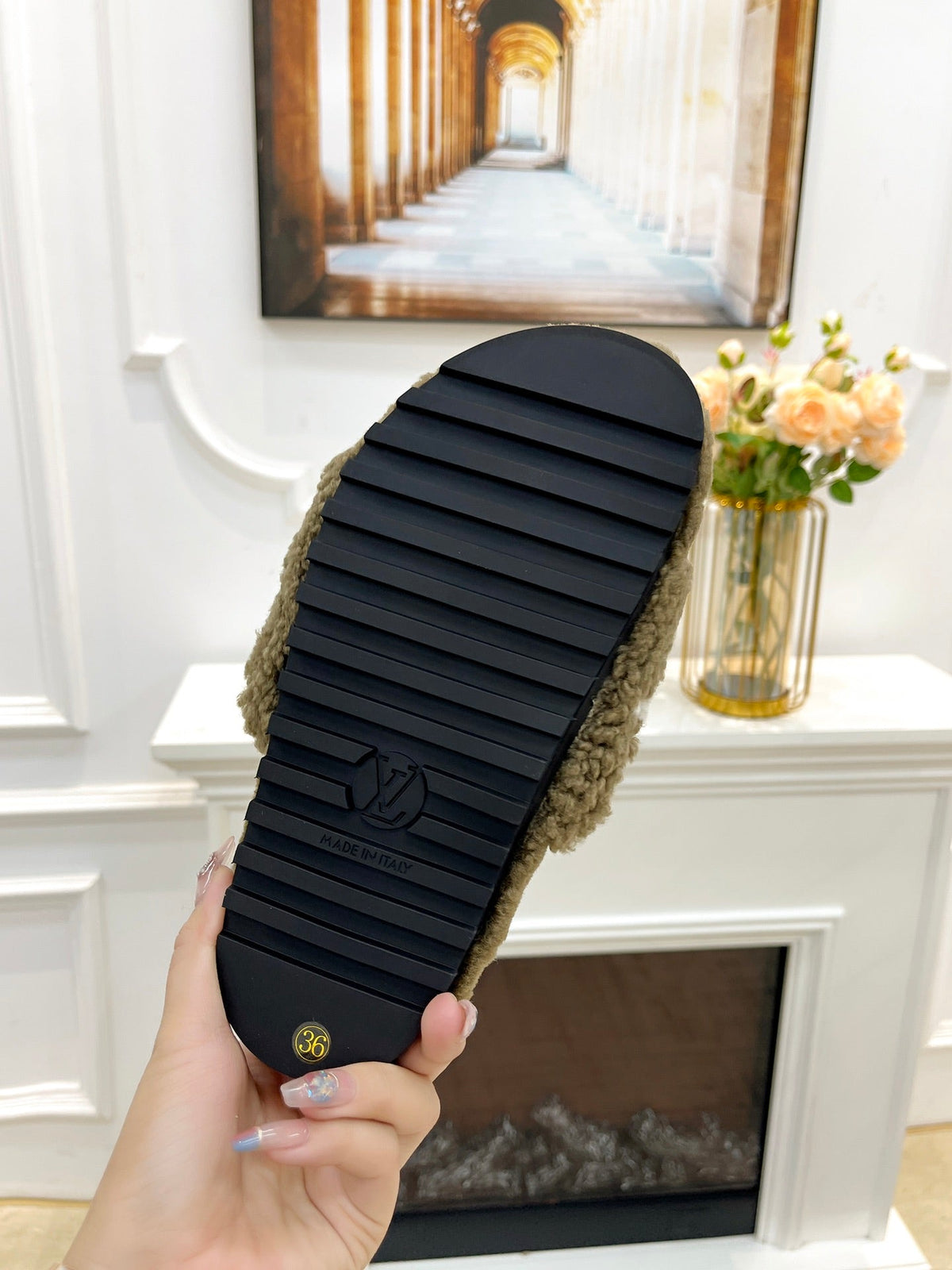 LV FLAT SLIPPER IN ARMY GREEN MIX WHITE SHEARLING