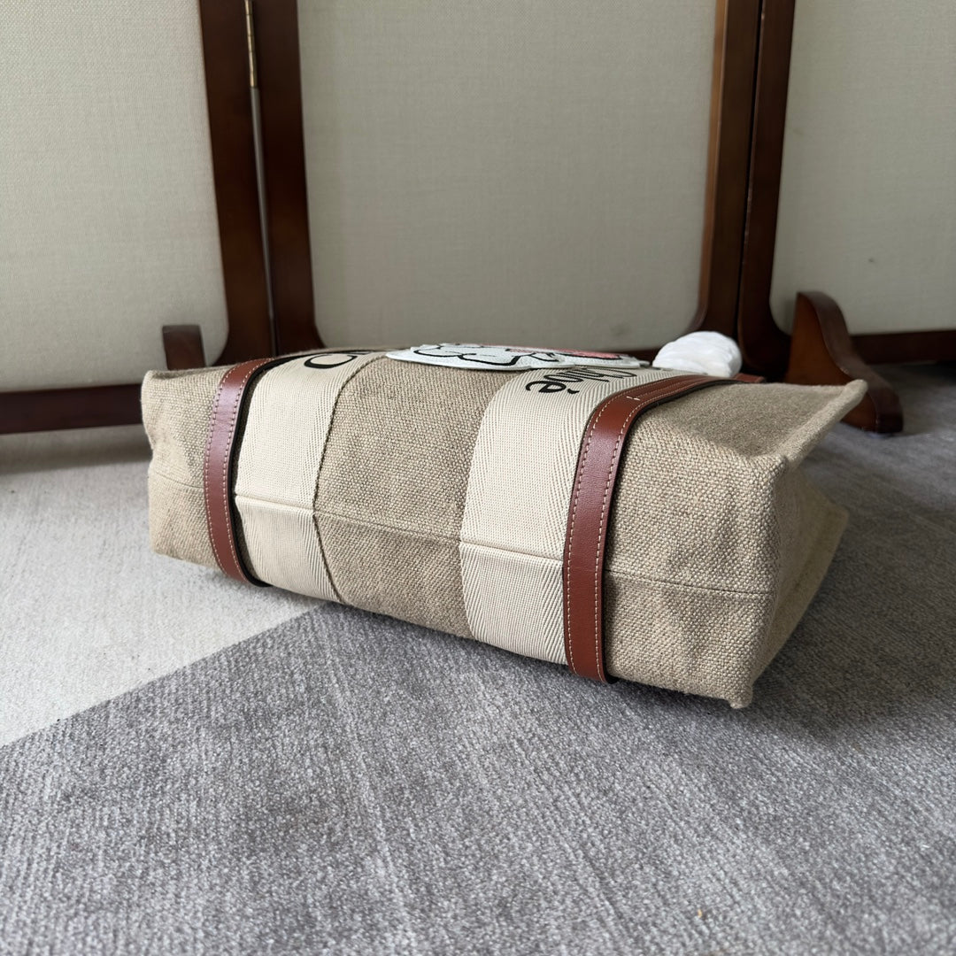 MY MELODY MEDIUM WOODY TOTE BAG 37 IN NATURAL FIBERS BEIGE WEBBING BROWN CALFSKIN