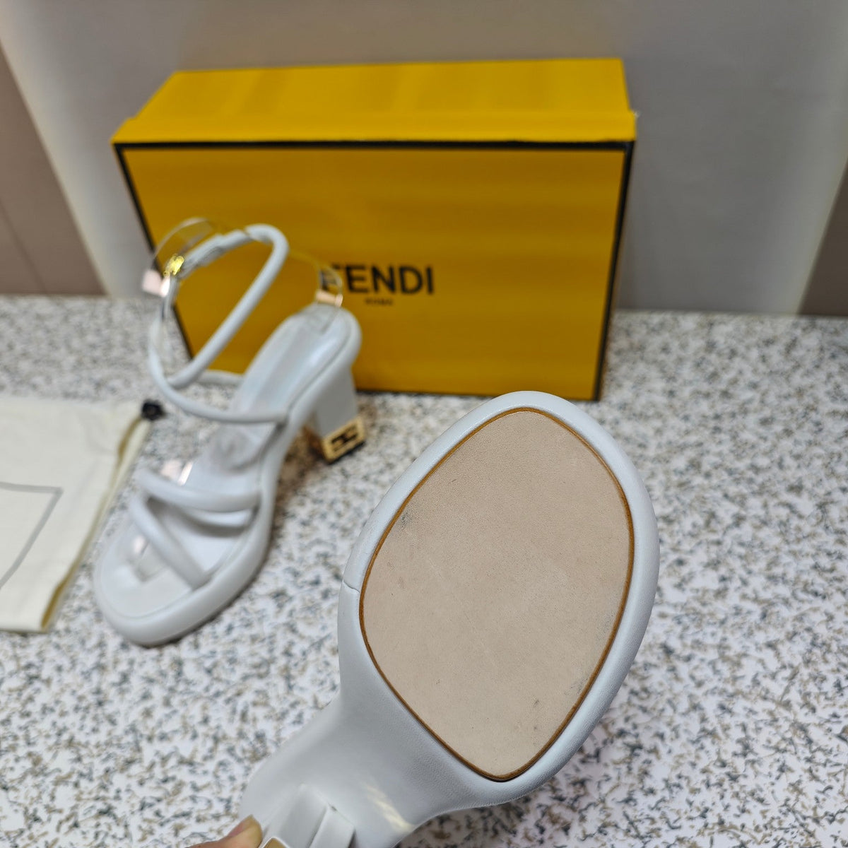 FENDI CHUNKY HIGH-HEELED SANDAL IN WHITE CALFKIN WITH GOLD HARDWARE
