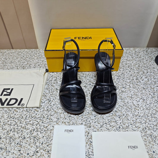 FENDI CHUNKY HIGH-HEELED SANDAL IN BLACK CALFKIN WITH GOLD HARDWARE