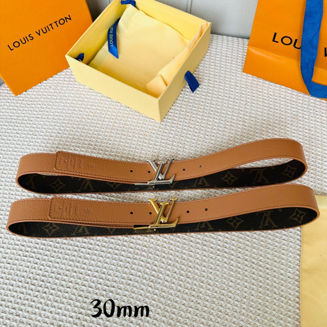 LV Initiales 30mm Reversible Belt Silver Rotating Buckle Tan Brown Leather