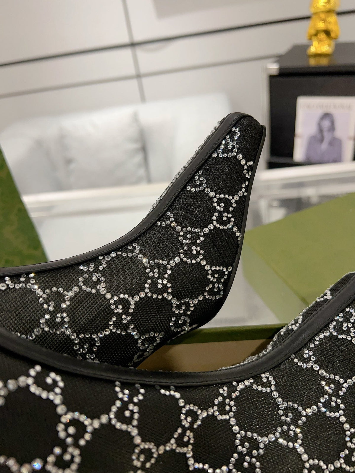 ANKLE BOOTS IN BLACK MESH AND SHEEPSKIN WITH GG CRYSTALS