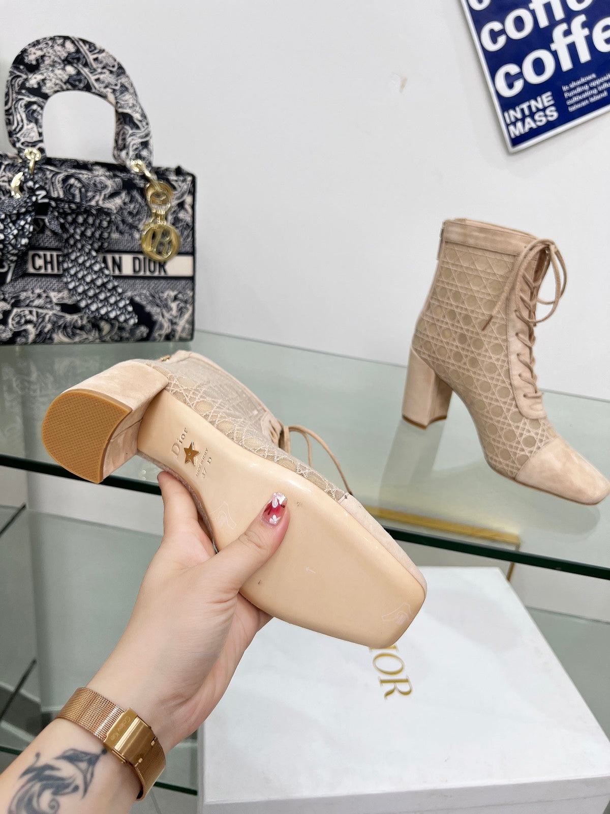 NAUGHTILY-D HEELED ANKLE BOOT IN BISQUE BEIGE CANNAGE MOTIF MESH AND SUEDE 8 CM