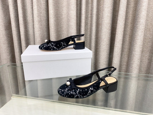 PEARL MARY JANE SLINGBACKS IN BLACK MIX WHITE TWEED 30 MM