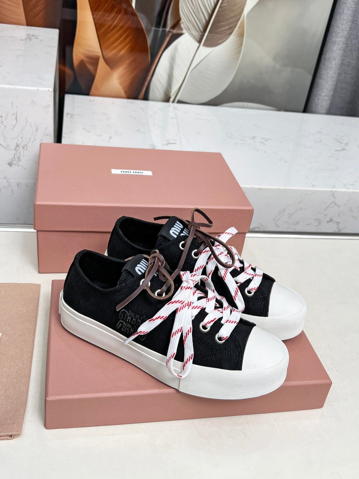 WASHED-DENIM SNEAKERS IN BLACK CANVAS WITH BROWN AND STRIPED LACES
