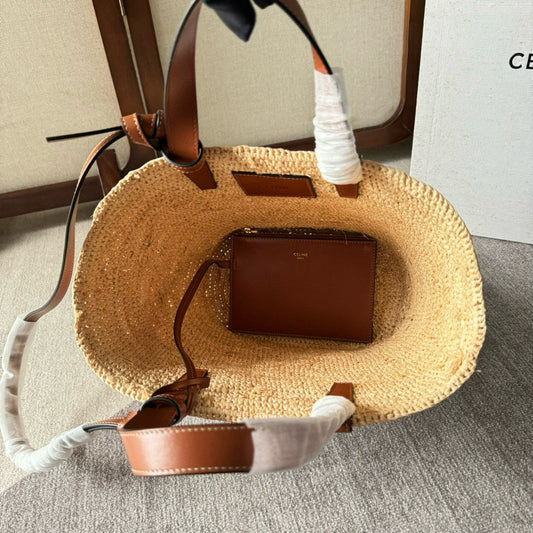 TEEN SUPPLE CELINE CLASSIC PANIER IN RAFFIA AND CALFSKIN TAN