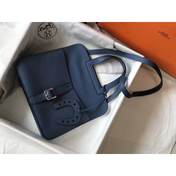 HERM Halzan 31cm Bag In Blue Agate Clemence Leather