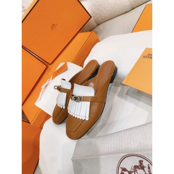 HERM Women's Oz Mules with Fringed in Brown/White Leather