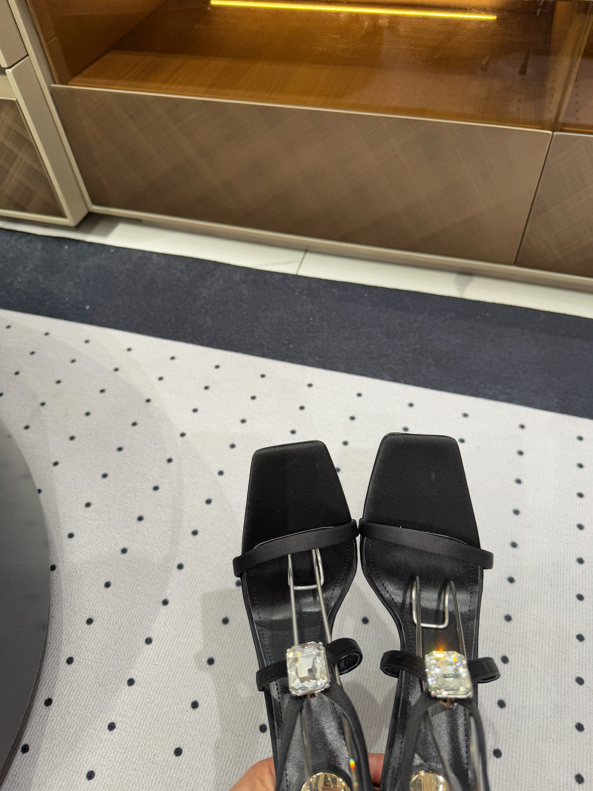 HIGH HEEL SANDALS IN BLACK SILK WTH STRAPS ATTACHED GEM