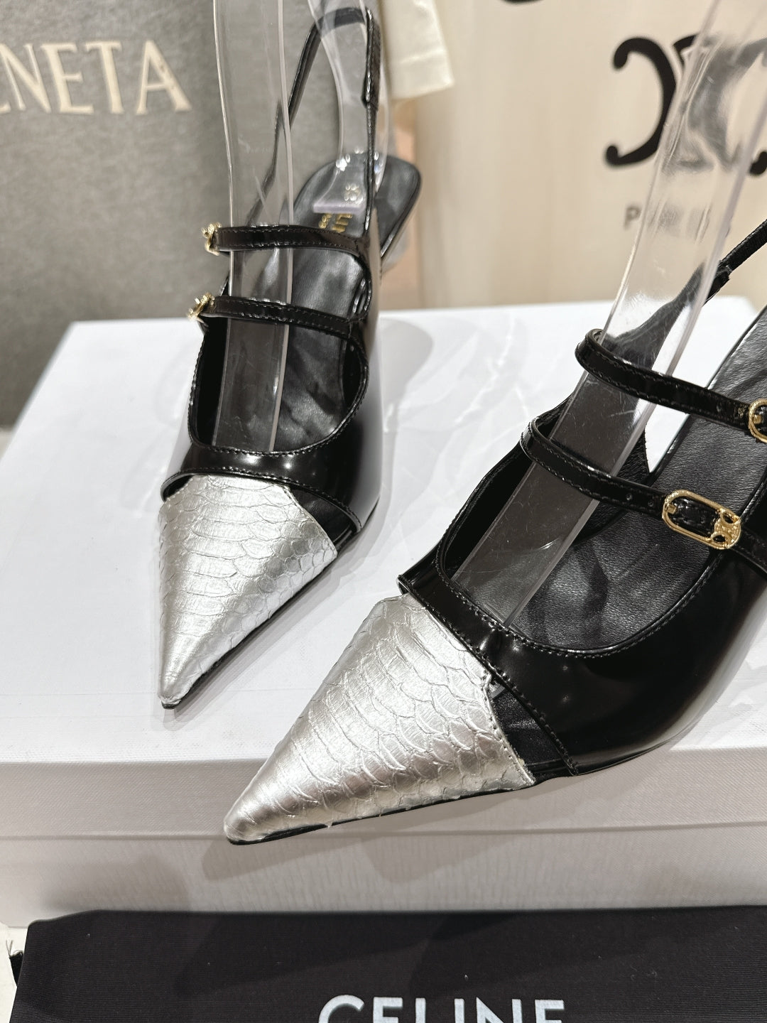 JUDY DOUBLE STRAP MARY JANE SLINGBACK 65MM IN BLACK SHINY CALFSKIN AND SILVER SNAKE EMBOSSED LEATHER