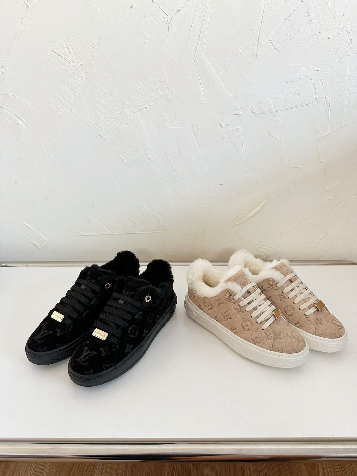 TIME OUT SNEAKER IN DESERT BROWN MONOGRAM EMBOSSED SUEDE WITH FLEECE LINING