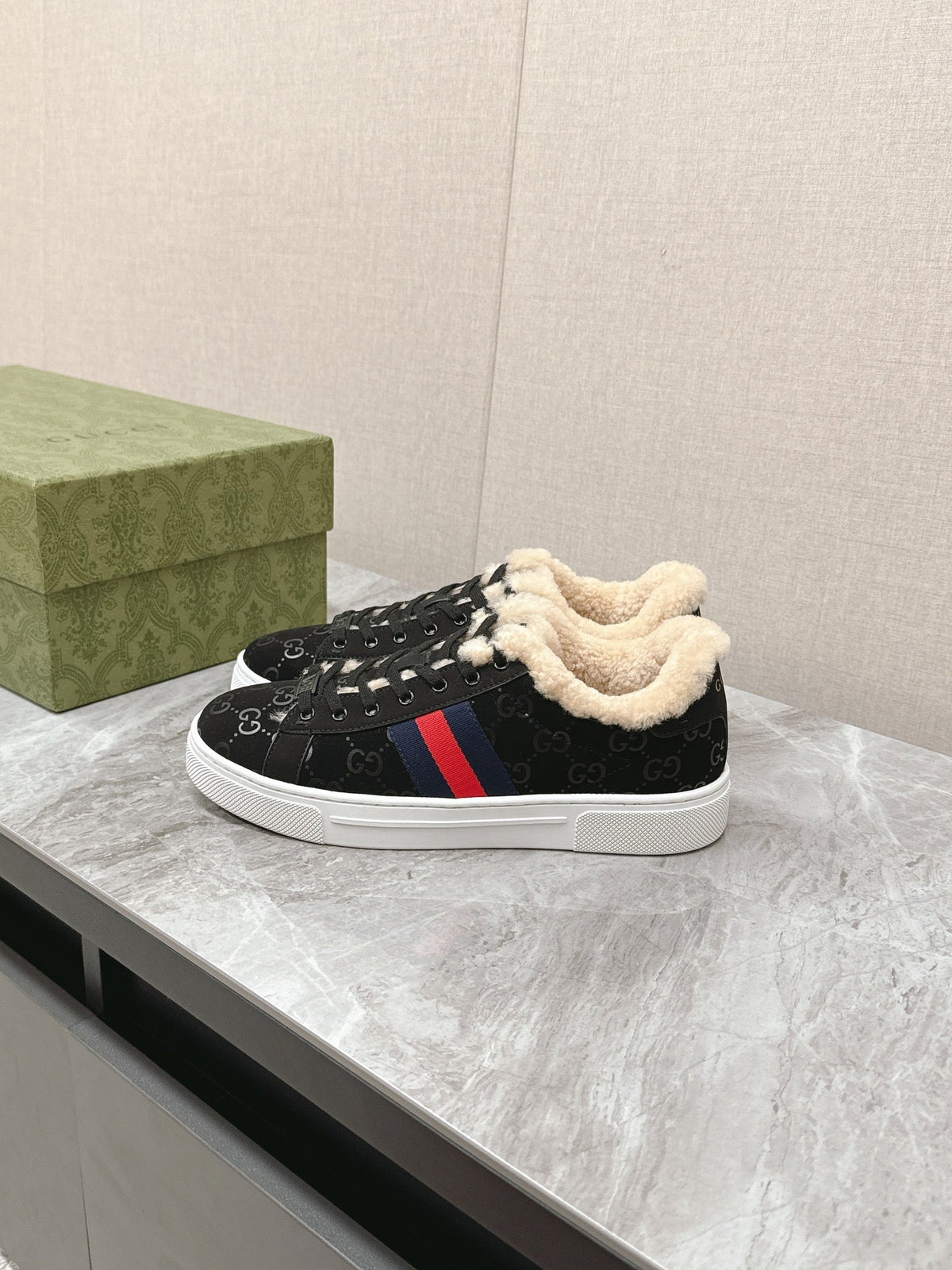 GG ACE SNEAKER WITH WEB IN BLACK EMBOSSED SUEDE AND WOOL LINING