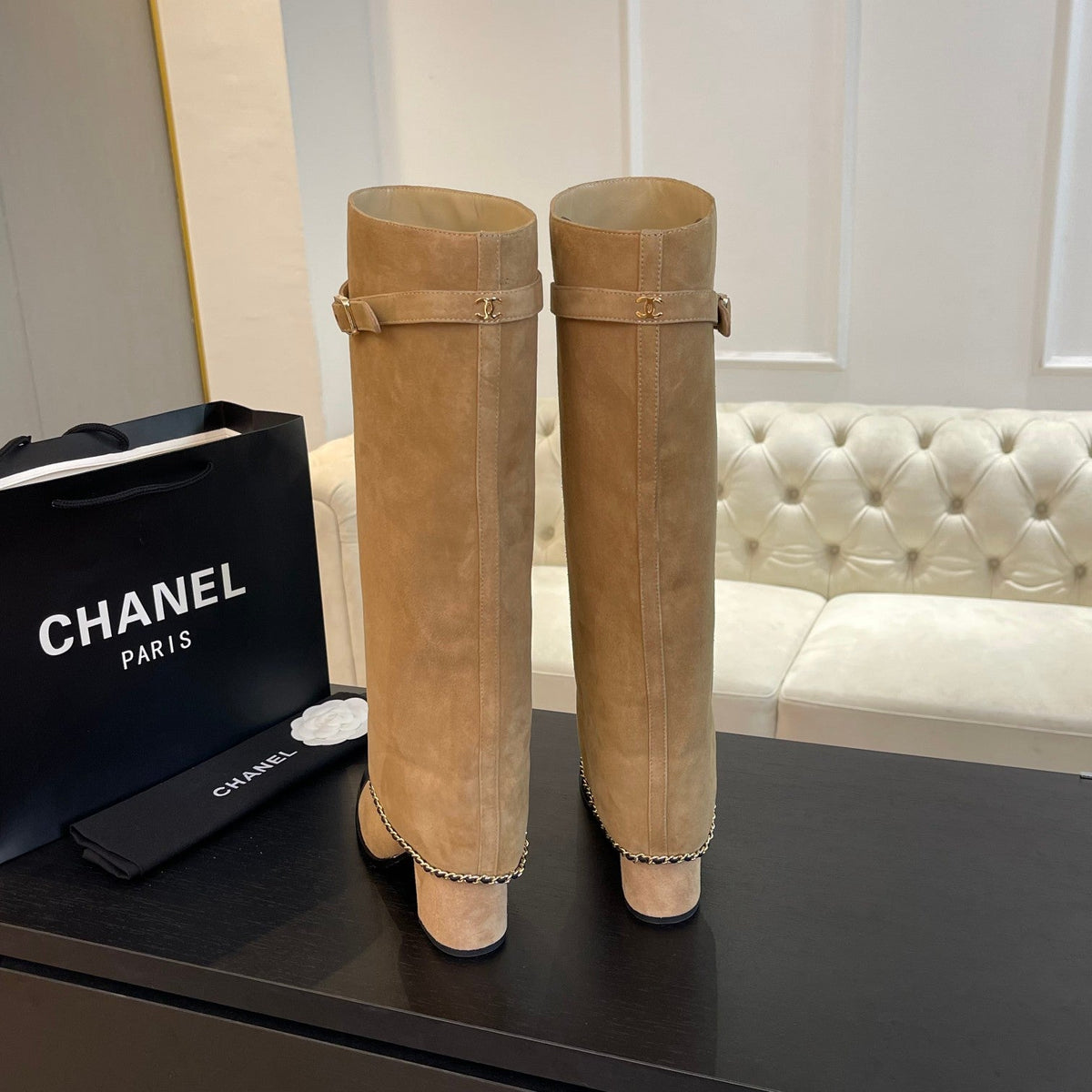 HIGH BOOTS 6.5 CM IN CIDER BROWN SUEDE AND BLACK CALFSKIN