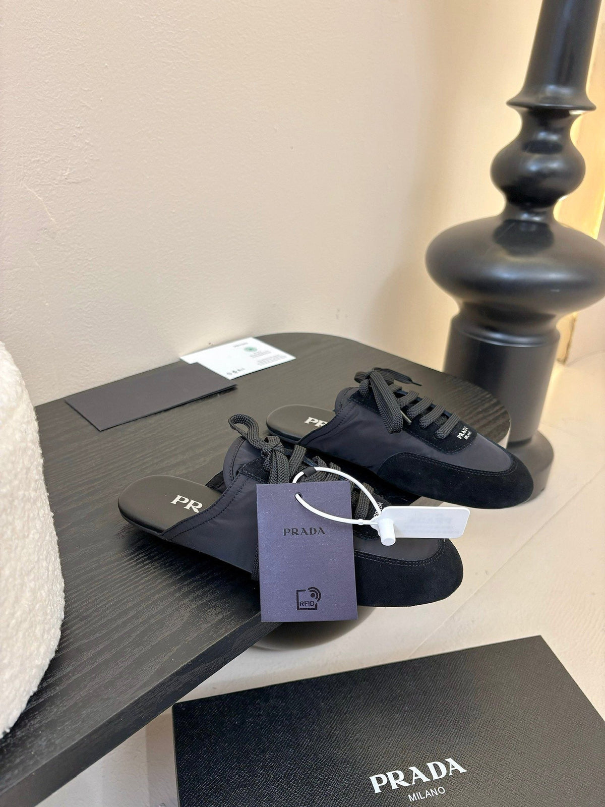 SNEAKER MULES IN BLACK NYLON AND SUEDE