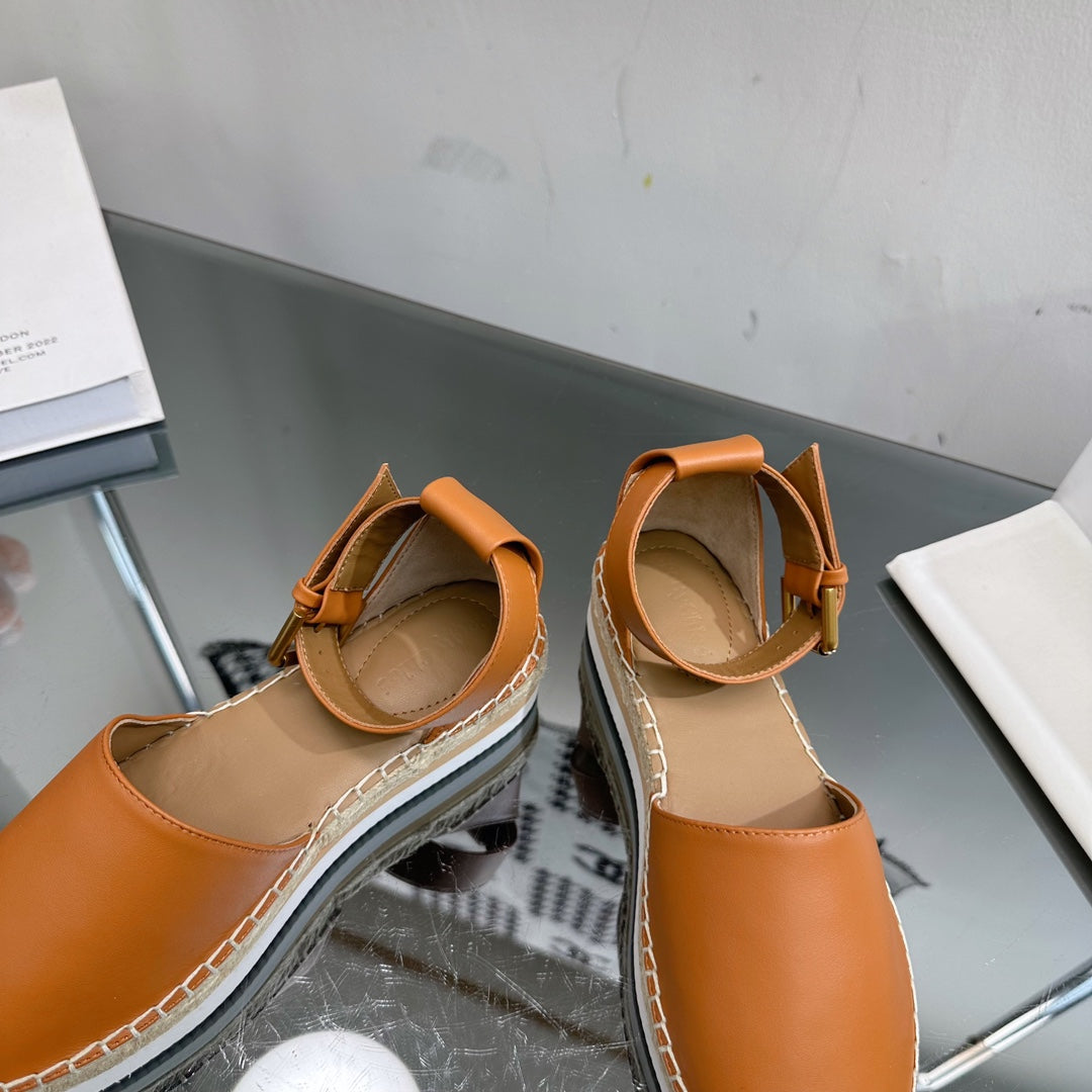 SEE BY ESPADRILLES SANDAL IN COPPER BROWN CALFSKIN AND WOVEN RAFFIA