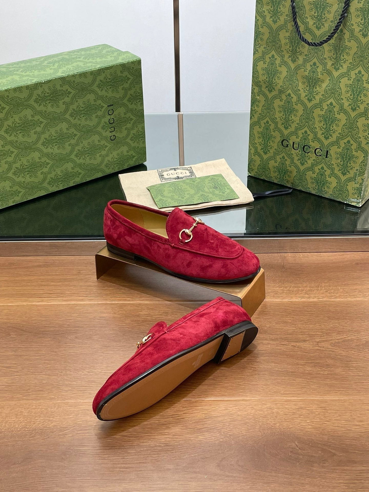 HORSEBIT LOAFER IN CHERRY RED SUEDE WITH GOLD HARDWARE