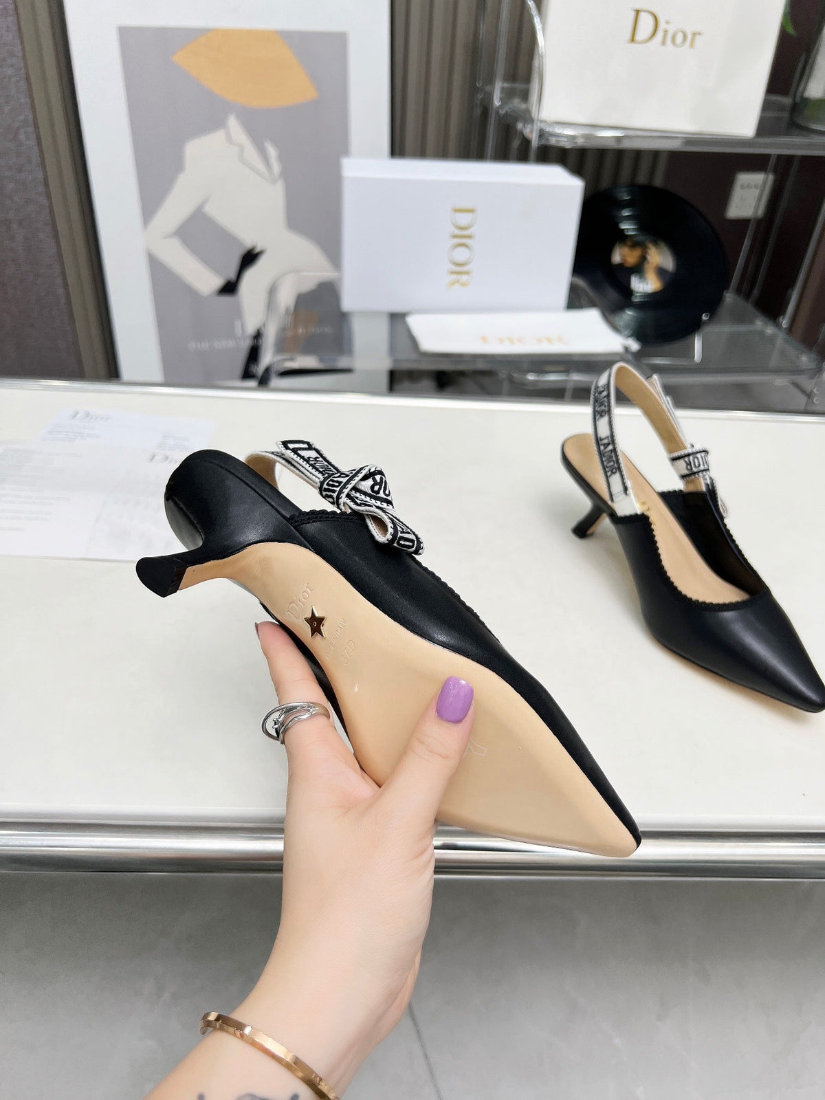 J'ADIOR SLINGBACK PUMP BLACK CALFSKIN AND EMBROIDERED FABRIC 65 MM