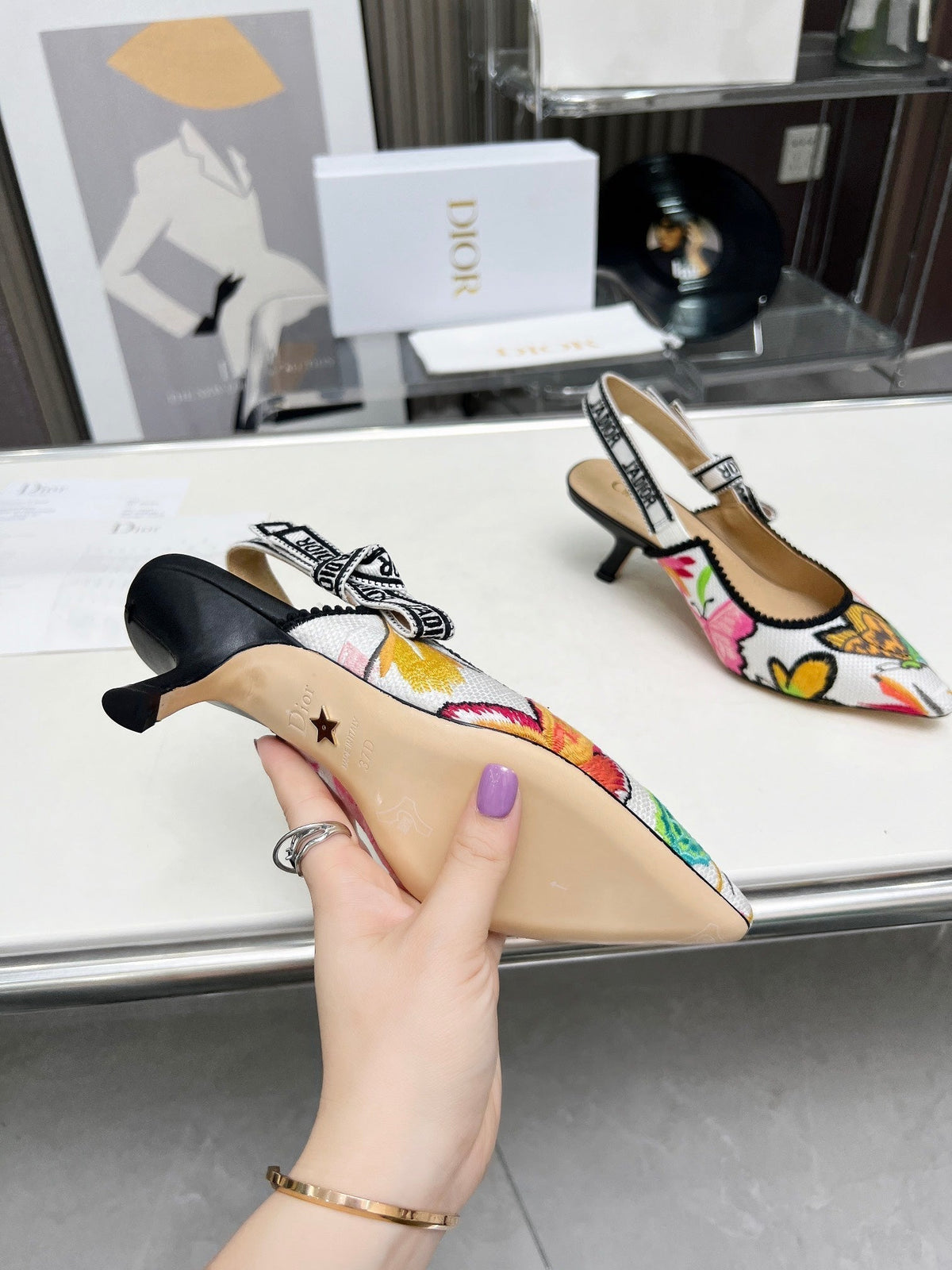 J'ADIOR SLINGBACK PUMP COLORFUL NATURAL RAFFIA AND EMBROIDERED COTTON 65 MM 130844