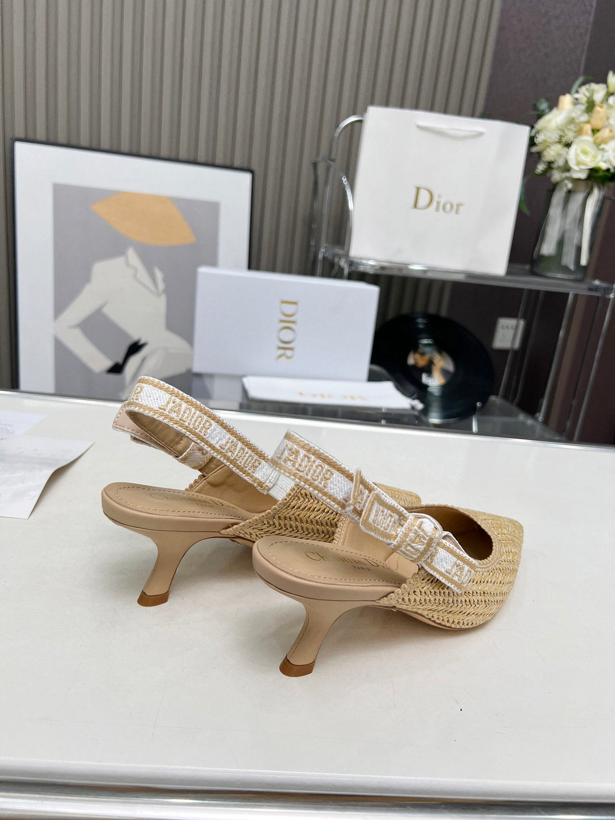 J'ADIOR SLINGBACK PUMP NATURAL RAFFIA AND BEIGE EMBROIDERED COTTON 65 MM