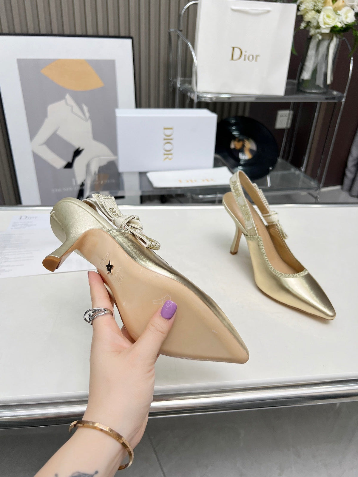 J'ADIOR SLINGBACK PUMP LIGHT GOLD CALFSKIN AND EMBROIDERED FABRIC 10 CM