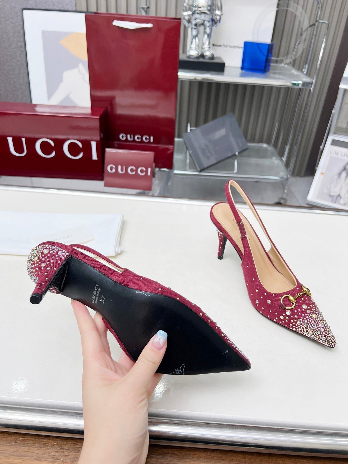 HORSEBIT SLINGBACKS IN CHERRY RED MONOGRAM FABRIC WITH CRYSTALS