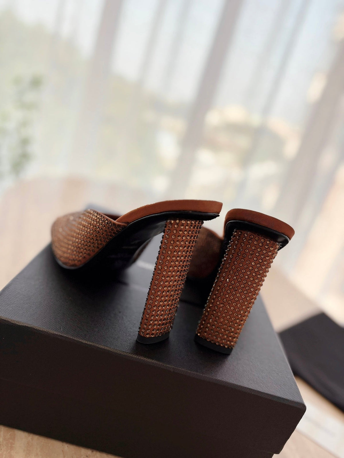 HIGH HEEL BLONDE MULE 10 CM IN BRONZE BROWN SATIN WITH RHINESTONES