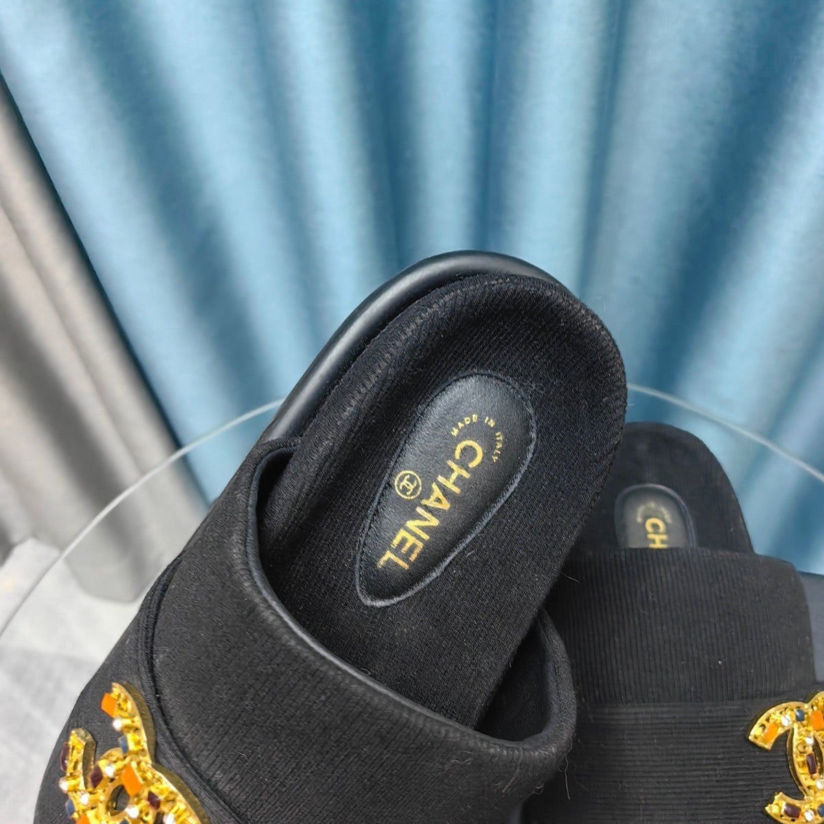 PLATFORM HEELS SANDALS IN BLACK WOOLEN FABRIC