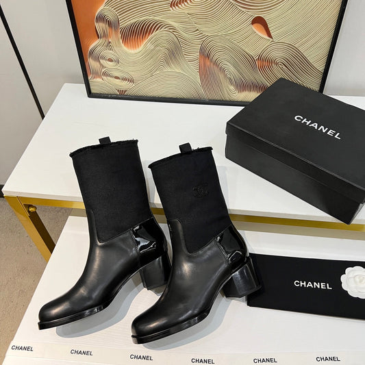 HIGH BOOTS 5.5 CM IN BLACK LAMBSKIN AND FABRIC