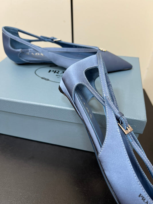CUT-OUT BALLERINA FLAT IN PERANO BLUE SATIN ATTACHED BEAD BUCKLE