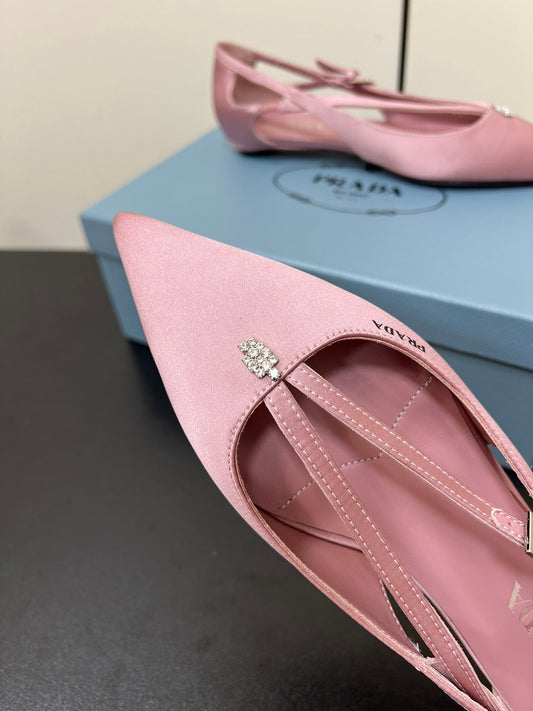 CUT-OUT BALLERINA FLAT IN BABY PINK SATIN ATTACHED BEAD BUCKLE