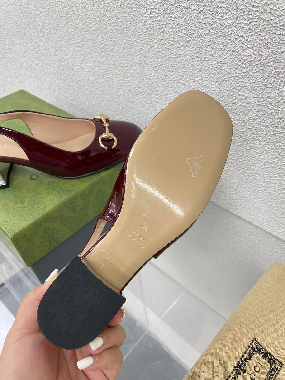 GG WOMEN'S HORSEBIT SLINGBACK IN WINE RED CALFSKIN WITH RHINSTONES