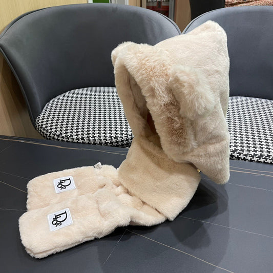 PLUSH WARM HAT IN BEIGE RABBIT FUR WITH FOX EARS 439588