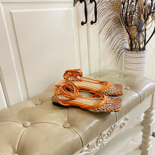LACE-UP FLAT SANDAL IN VIVID ORANGE METALLIZED MESH AND LEATHER WITH RHINSTONES