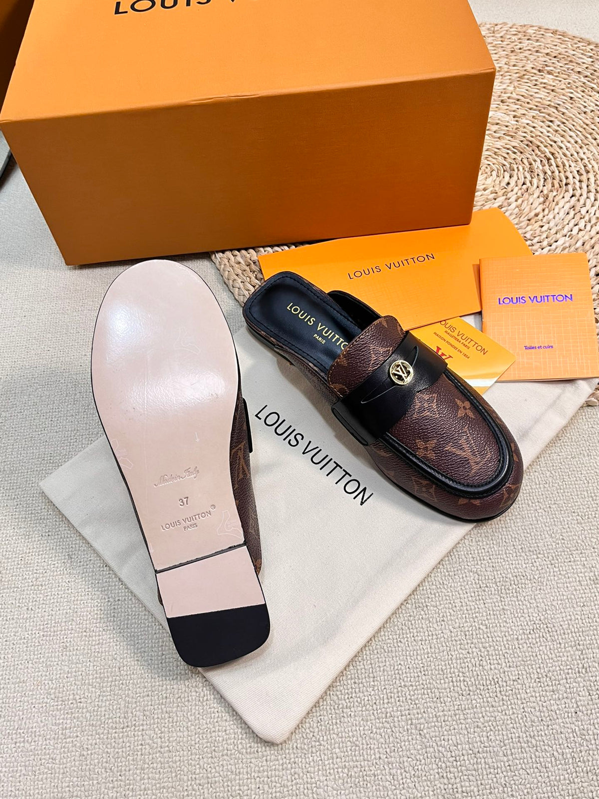 LV CAPRI OPEN BACK LOAFERS IN CHESTNUT BROWN MONOGRAM CALFSKIN