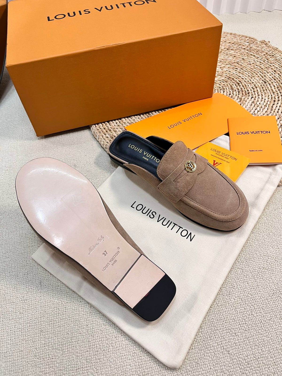 LV CAPRI OPEN BACK LOAFERS IN MEDIUM BROWN SUEDE