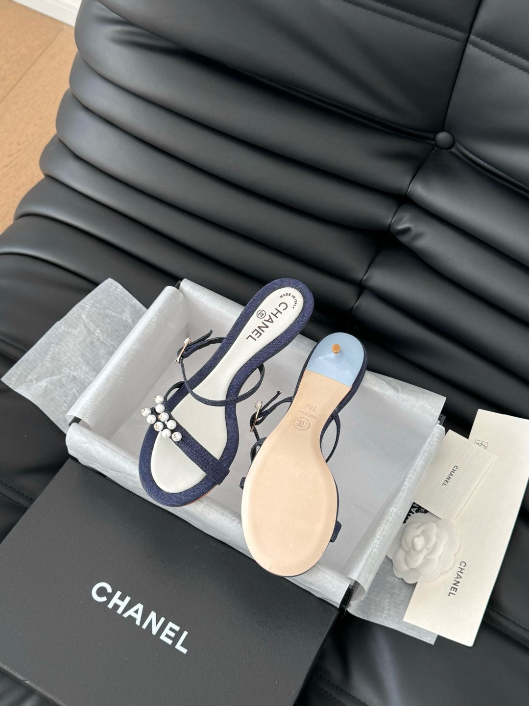 PEARL SANDAL IN BLUE DENIM AND WHITE LAMBSKIN 35 MM