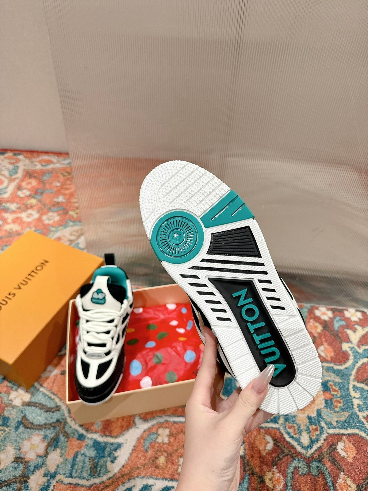 LV SKATE SNEAKER IN WHITE MIX BLACK AND PERSIAN GREEN CALFSKIN