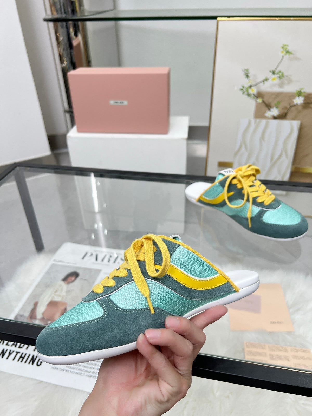 GYMNASIUM SNEAKERS MULES PERSIAN SUEDE AND DARK GREEN TECHNICAL FABRIC