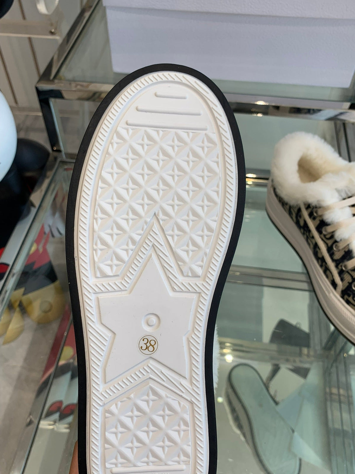 ALK'N PLATFORM SNEAKER CAMEL BROWN COTTON EMBROIDERED WITH OBLIQUE MOTIF AND WHITE SHEARLING