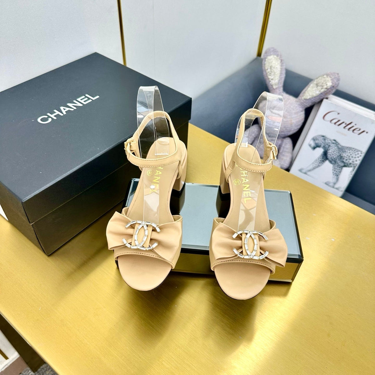 BOWKNOT RHINESTONES MID HEEL SANDAL IN FLAX YELLOW LAMBSKIN