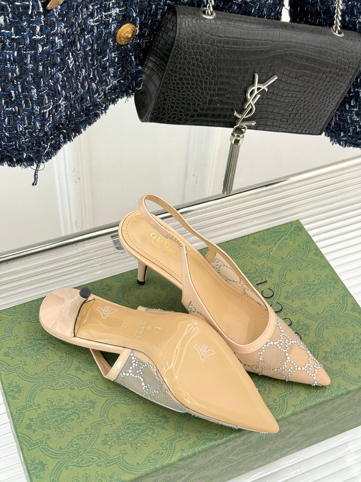 GG HIGH SLINGBACK 8.5 CM IN BEIGE CLASSIC POINTED-TOE MESH WITH RHINESTONE EMBELLISHMENTS
