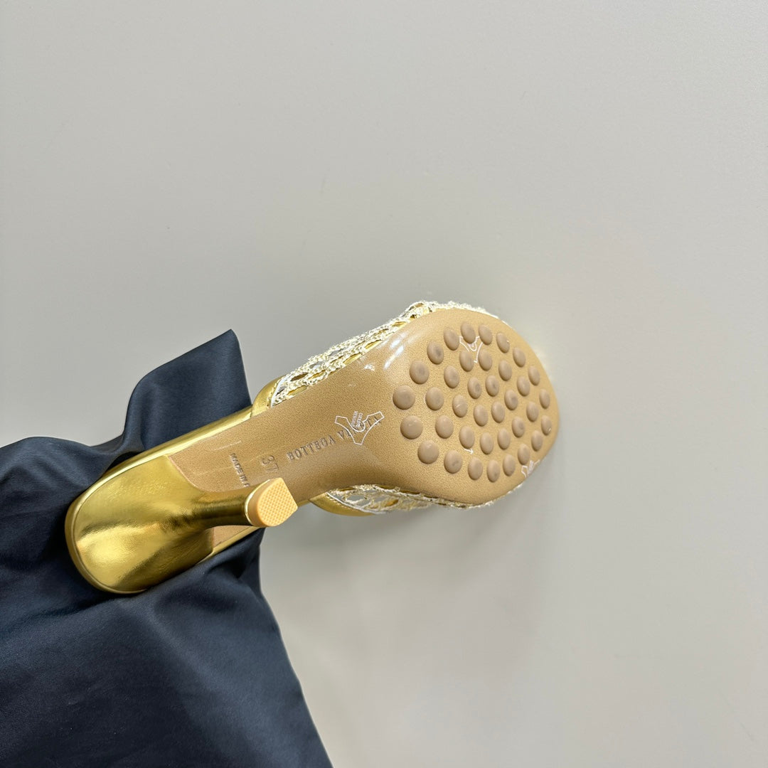 HIGH MULE 9 CM IN GOLD METALLIZE MESH AND LEATHER