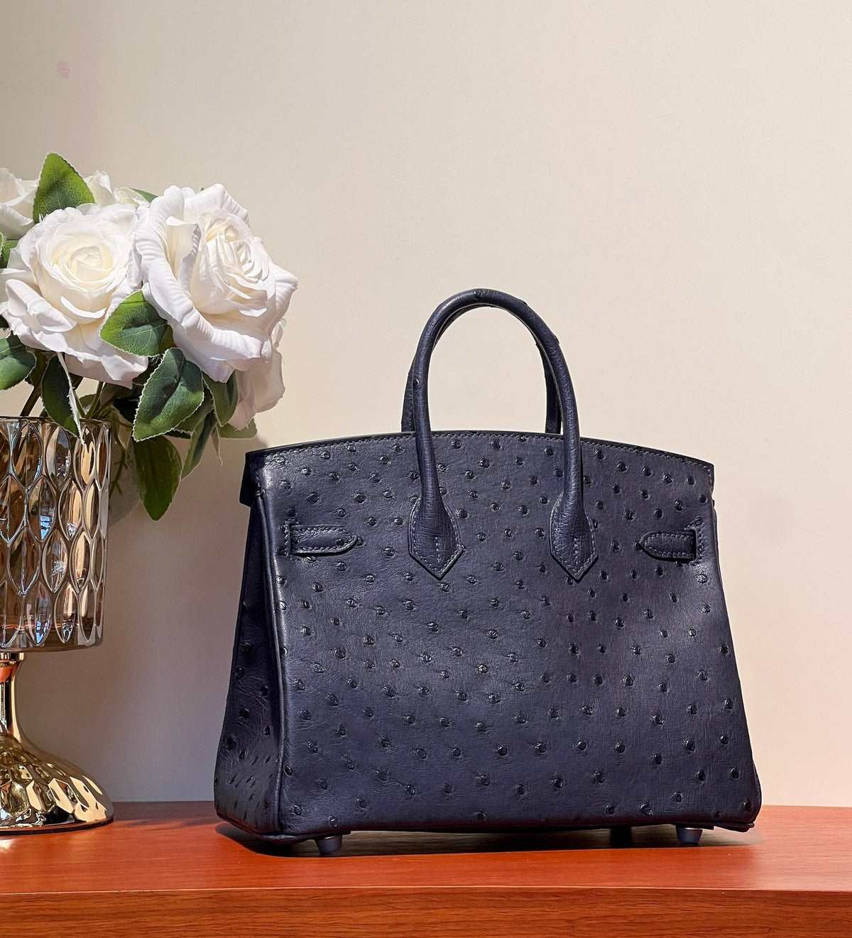 KELLY SELLIER 25 BAG IN SPACE BLUE OSTRICH LEATHER WITH SILVER HARDWARE